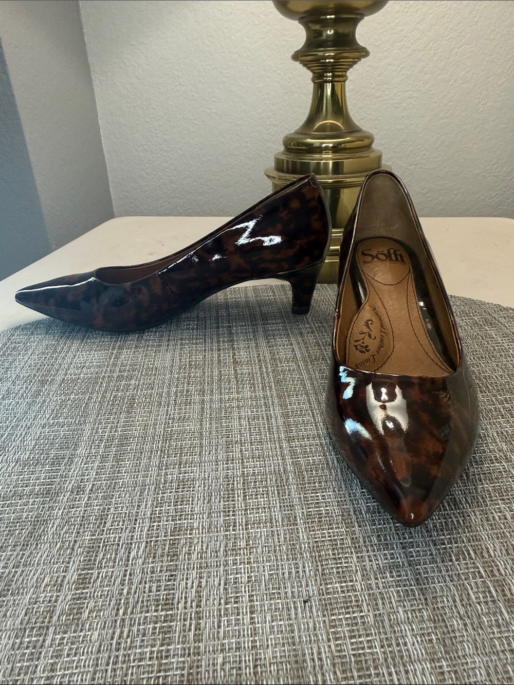 Sofft Brown Tortoiseshell Patent Pointed-Toe Kitten Heels